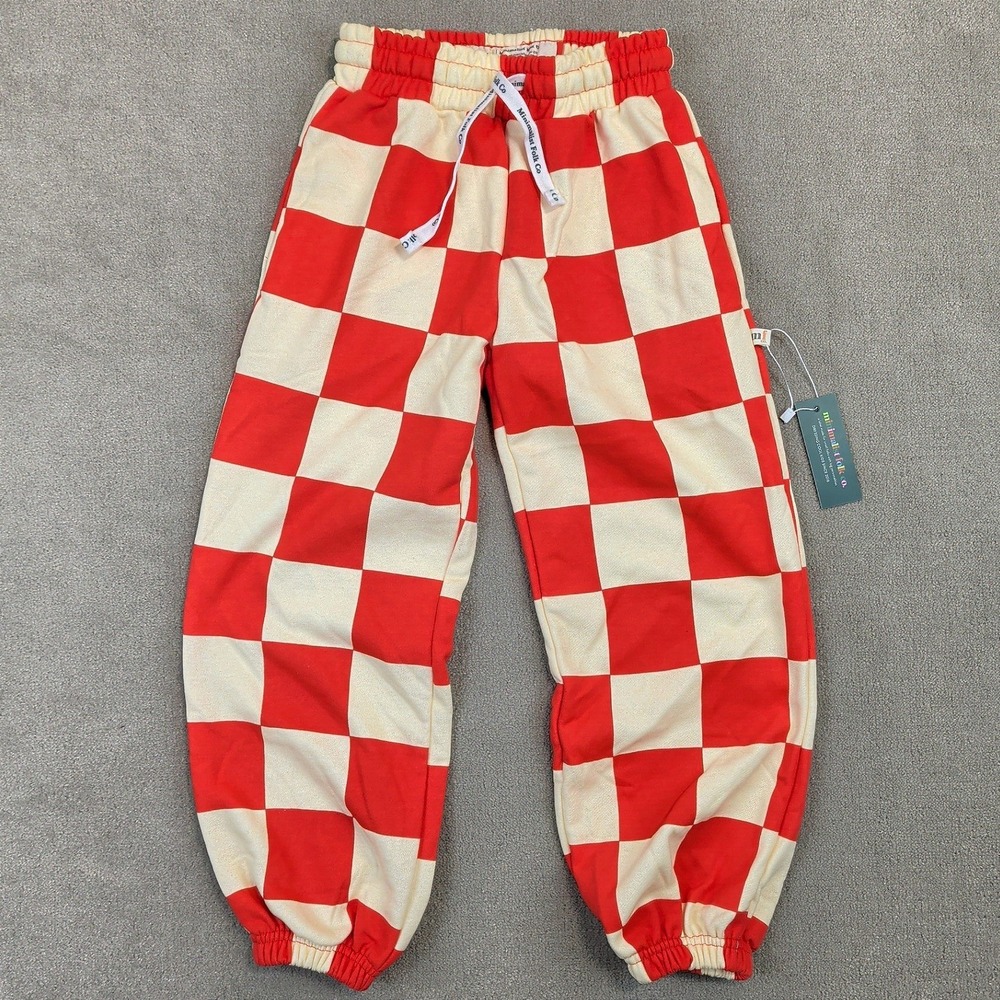 Minimalist Folk Co Joggers Kids 5Y Red Cream Checkered Sweatpants NWT